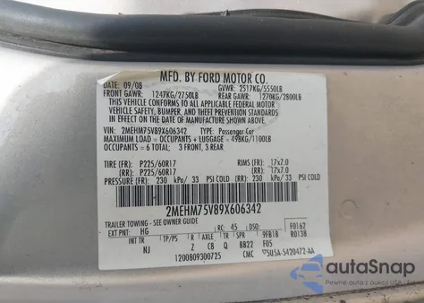 2009 Mercury Grand Marquis Ls (Fleet Only) z USA, uszkodzony, nr VIN 2MEHM75V89X606342